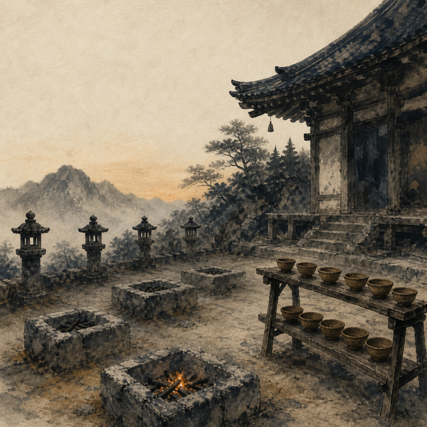 a sparse row of low hearths beneath a dark mountain ridge