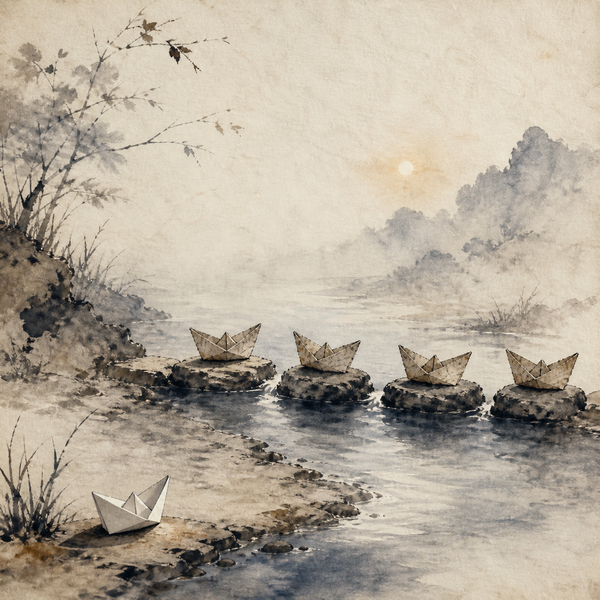 A small paper boat waits on the shore while older paper boats rest across stepping stones in a misty stream.