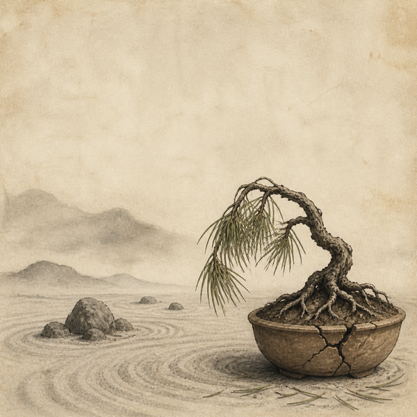 a drooping pine sapling presses against a shallow cracked pot in a quiet stone garden
